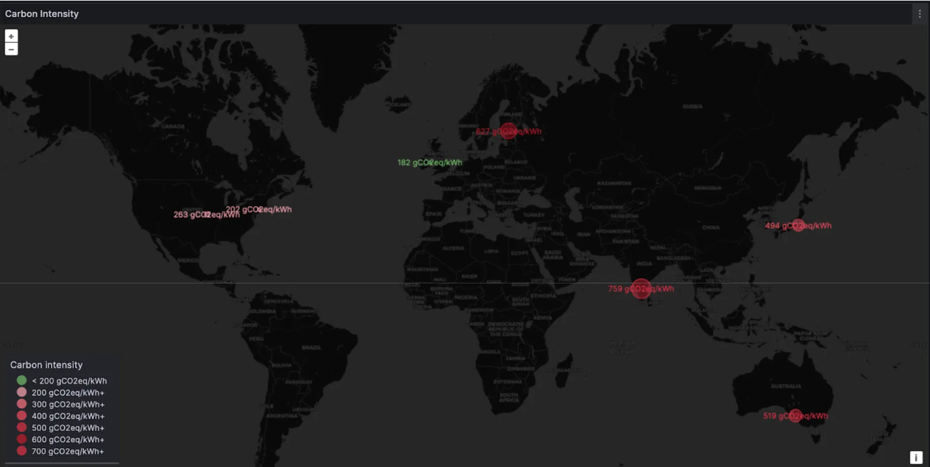 World map showing carbon intensity values by region in gCO2eq/kWh, visualized via Grafana